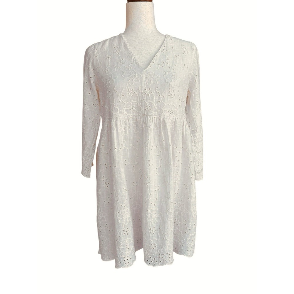 ZARA Beige Mini Boho Baby Doll Dress Sz Small Lined 100% Cotton Textured Eyelet